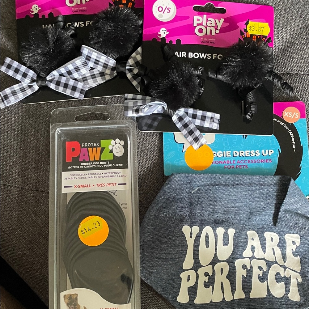 Play On Lot of XS/S Dog Black Pom Pom Hair Bows Denim Scarf Protect Paws Boots